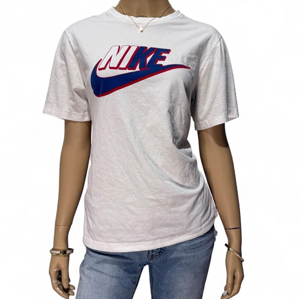Nike Unisex Medium White Graphic T-Shirt Red Blue Swoosh Logo Cotton Tee Men's M